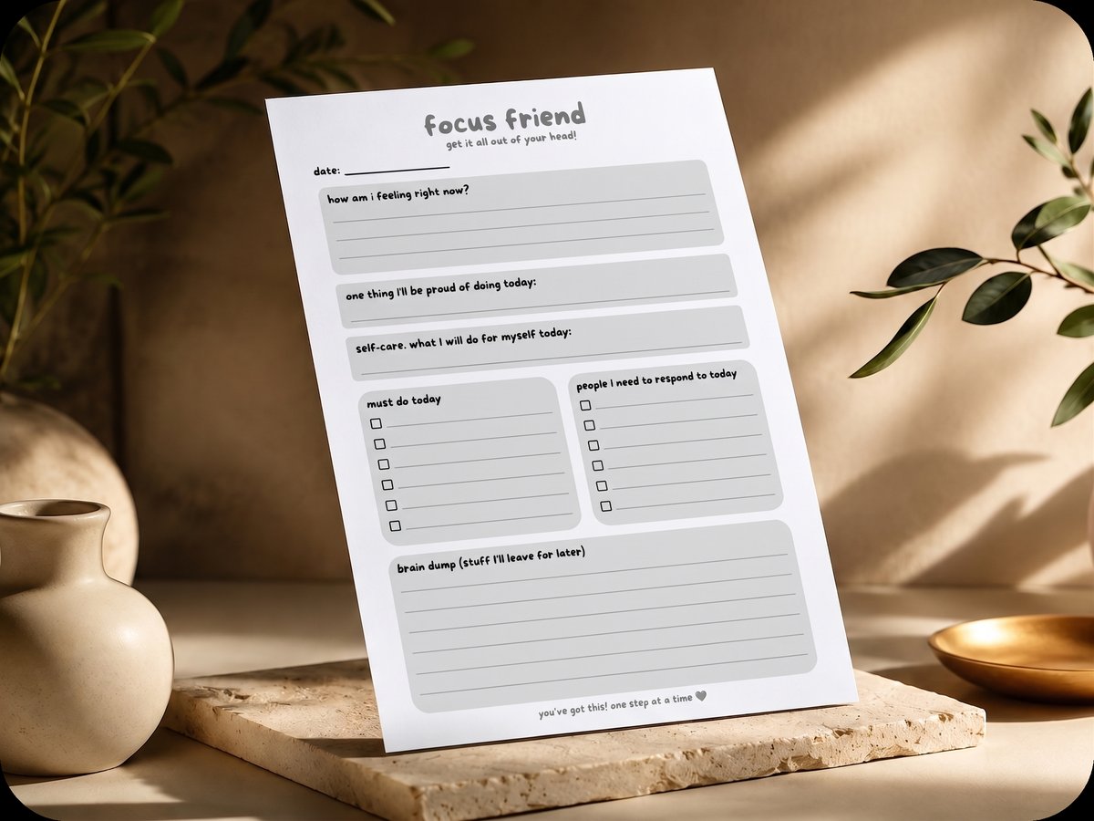 The Focus Friend Brain Dump printable sheet in the Zen Grey colourway, standing on a stone tray beside a plant
