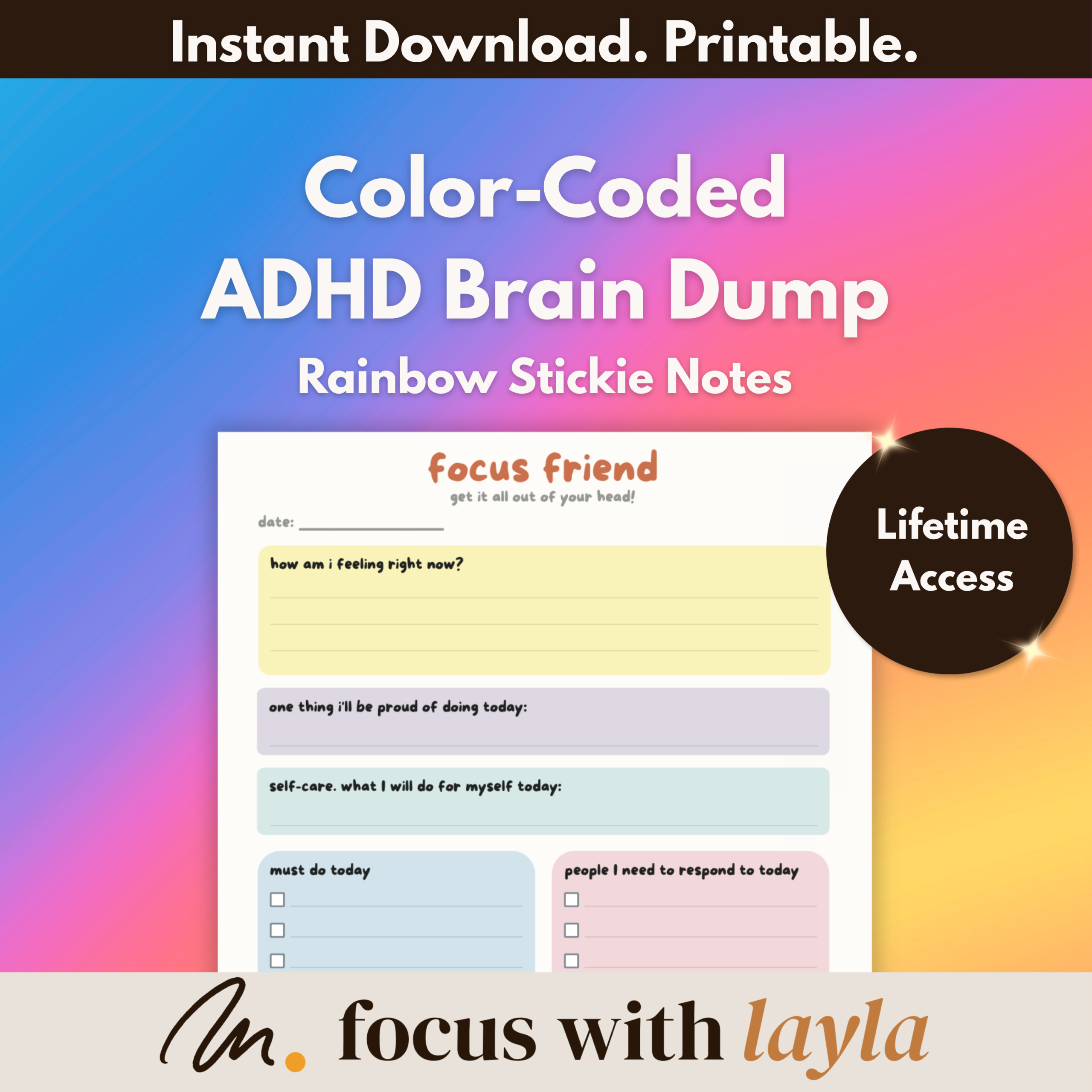 Focus Friend™ - ADHD Brain Dump - Rainbow Stickies